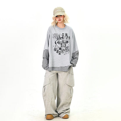 【トップス】レイヤード風 カートゥーン×ボーダー 長袖Tシャツ オーバーサイズ ルーズフィット【FCシリーズ】