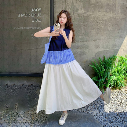 【ワンピース】夏 フレンチ風 お洒落な配色切り替え ノースリーブワンピース 文芸スタイル【SHシリーズ】