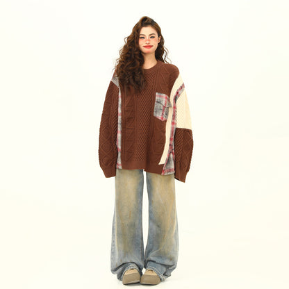 【トップス】ストリート感漂う配色ニット✨秋冬新作 ゆったりシルエットでこなれ感アップ ケーブル編み おしゃれ セーター【FCシリーズ】