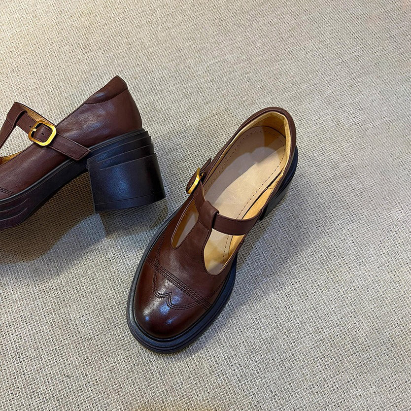 【シューズ】厚底チャンキーヒール  ヴィンテージ レディース シューズ ローファー 丸トゥパンプス メリージェーンシューズ