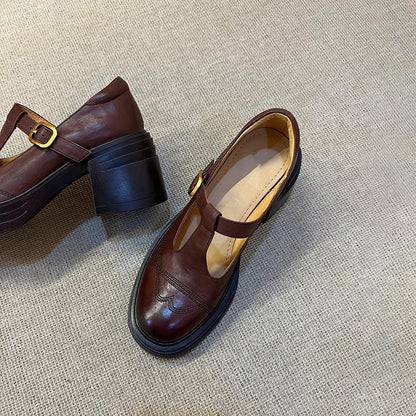 【シューズ】厚底チャンキーヒール  ヴィンテージ レディース シューズ ローファー 丸トゥパンプス メリージェーンシューズ