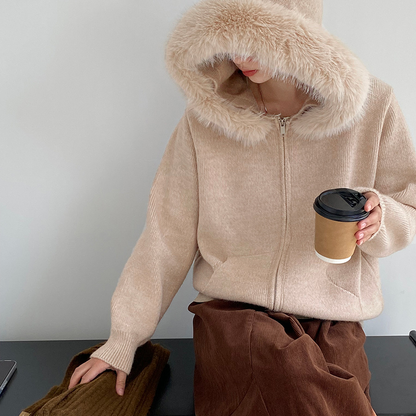 【アウター】取り外し可能ファー付き フードジップニットアウター 冬 韓国風 カジュアル ゆったりカーディガン【JZシリーズ】