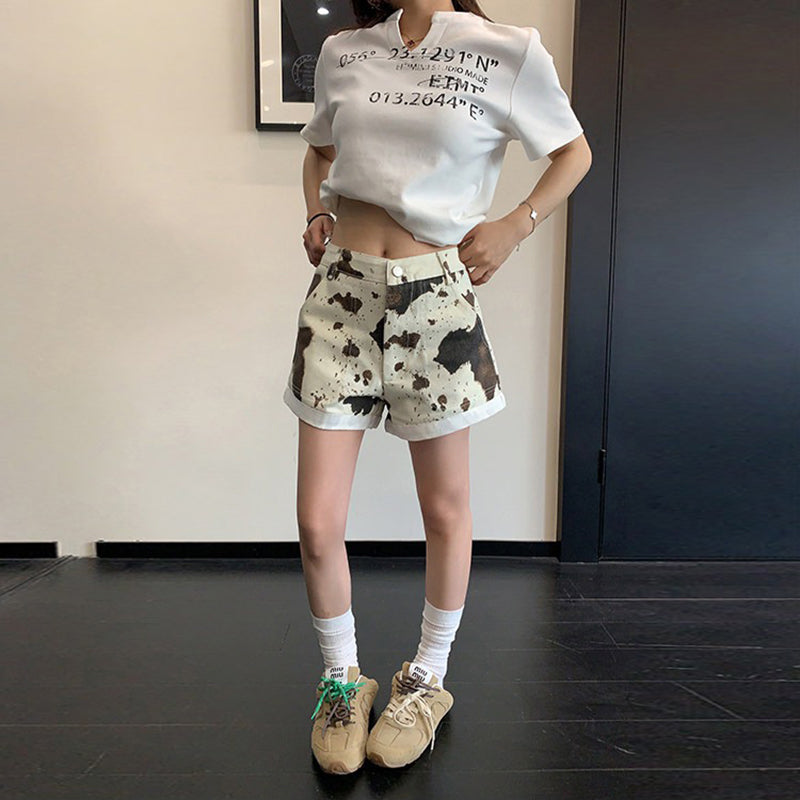 【ボトムス】ヴィンテージ風 カウ柄デザイン 刺繍ショートパンツ ダメージ加工  ルーズ【FCシリーズ】