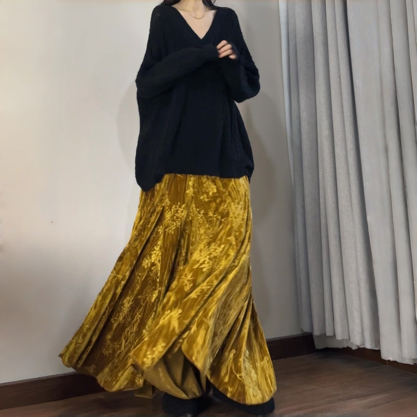 【ボトムス】オールドマネー プリント ベルベット アシンメトリー マーメイドスカート【SHシリーズ】