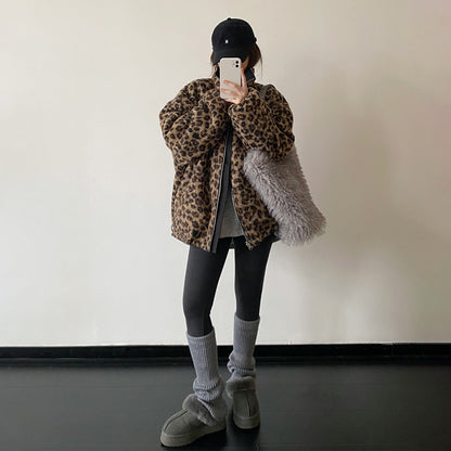 【アウター】リバーシブル レオパード柄 ボア 防寒 厚手 ワークジャケット レディース 秋冬 綿入れコート 【FCシリーズ】【15~20内発送】