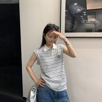 【トップス】アメリカンレトロ ボーダー柄 ポロカラーノースリーブTシャツ レディース カジュアル ストリート系 こなれ感【FCシリーズ】
