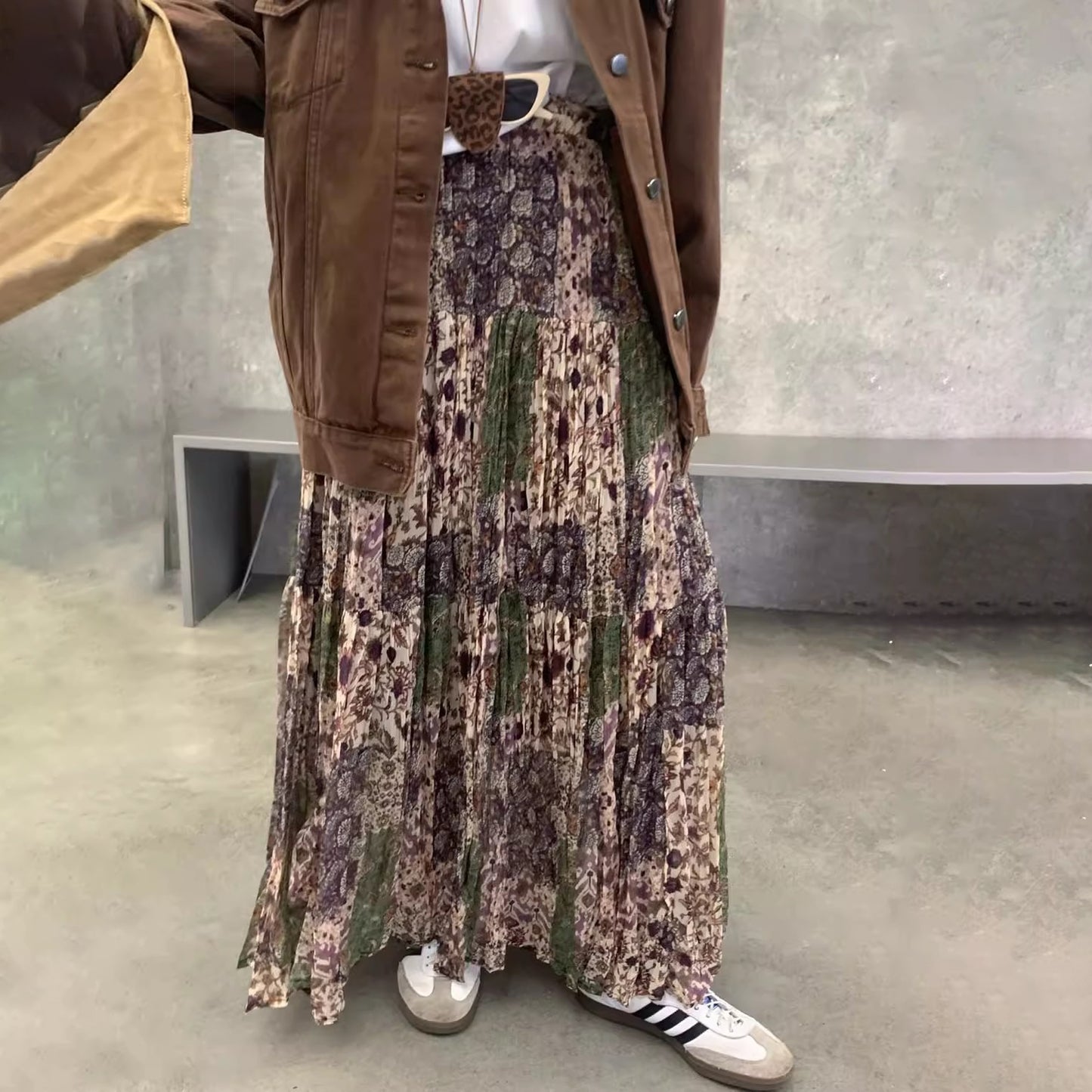 【ボトムス】ヴィンテージ 配色フ レディース 韓国風 ゆったりハイウエストAライン ロングスカート トレンド【SHシリーズ】