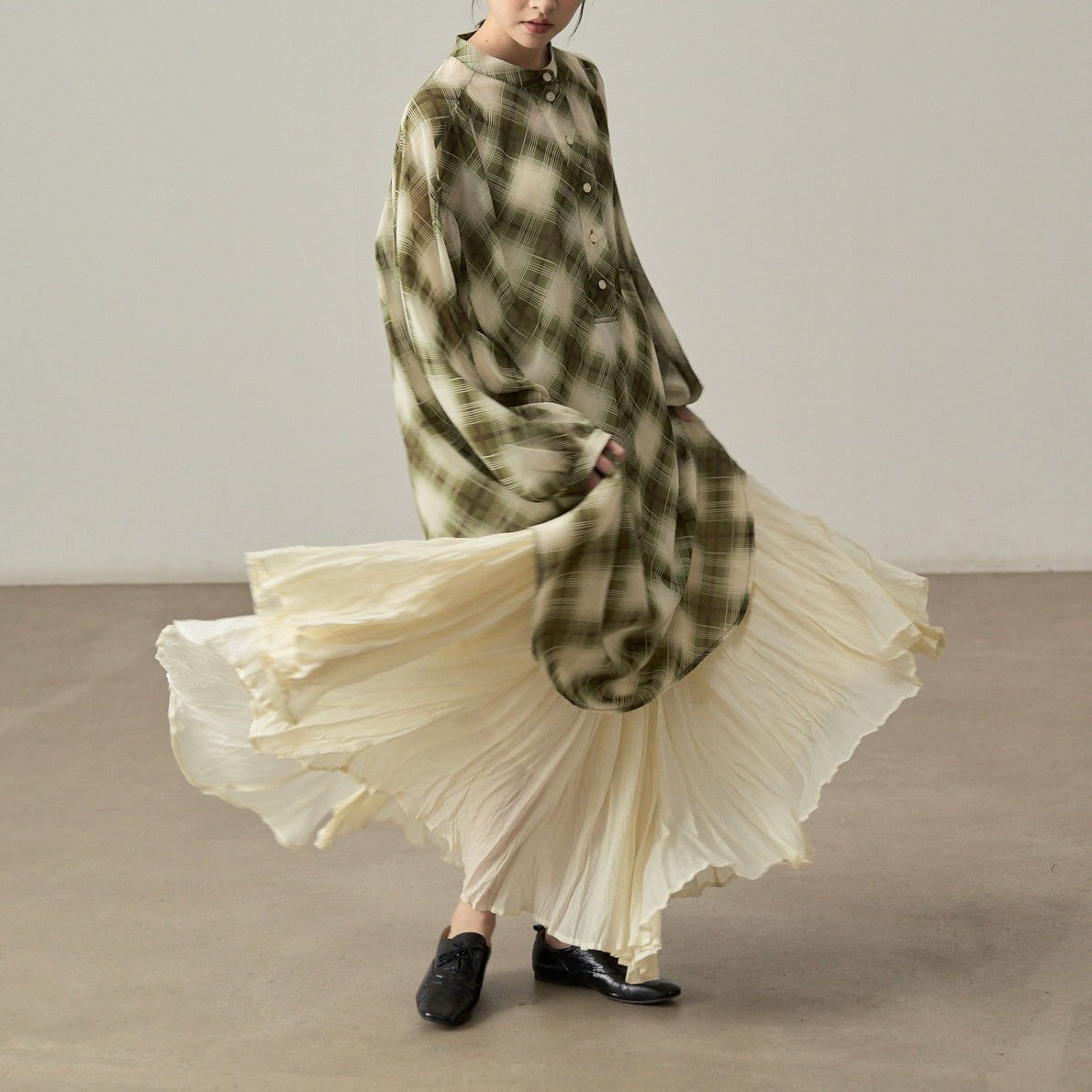 【ワンピース】春 秋 チェック柄 ゆるリラックス 重ね着 長袖 ワンピース 【SHシリーズ】