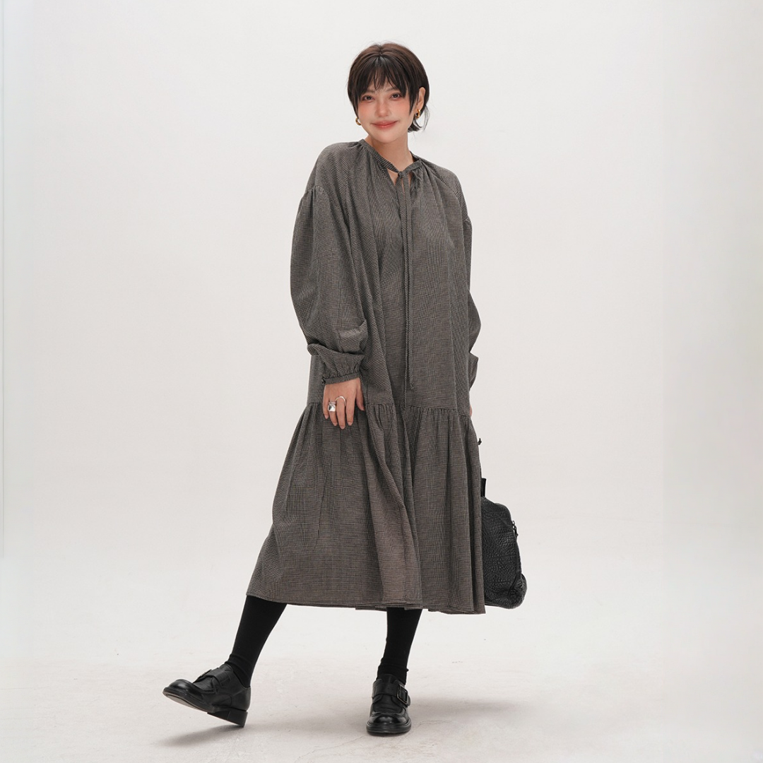 【ワンピース】春 秋 冬 チェック柄 長袖 細見え ロングワンピース 【JZシリーズ】