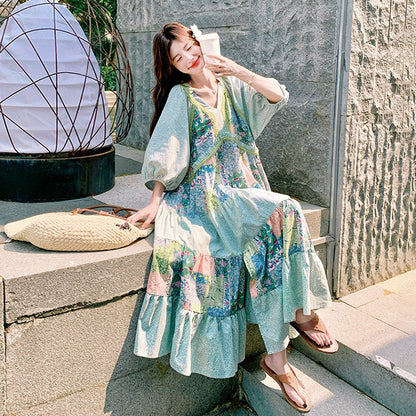 【ワンピース】森ガール風 ロマンチックグリーン切り替え 大裾Vネック 半袖ワンピース【SHシリーズ】