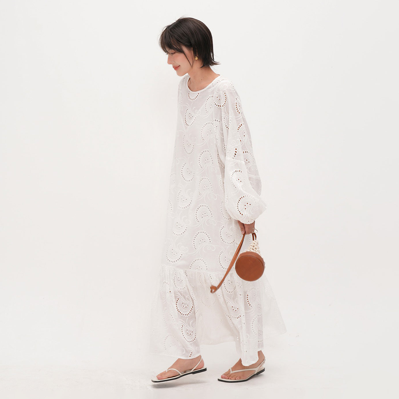 【ワンピース】ラウンドネック 長袖ワンピース レディース ゆったりスリム見え 刺繍入り フィッシュテール ロングドレス 上品なティータイムスタイル【JZシリーズ】