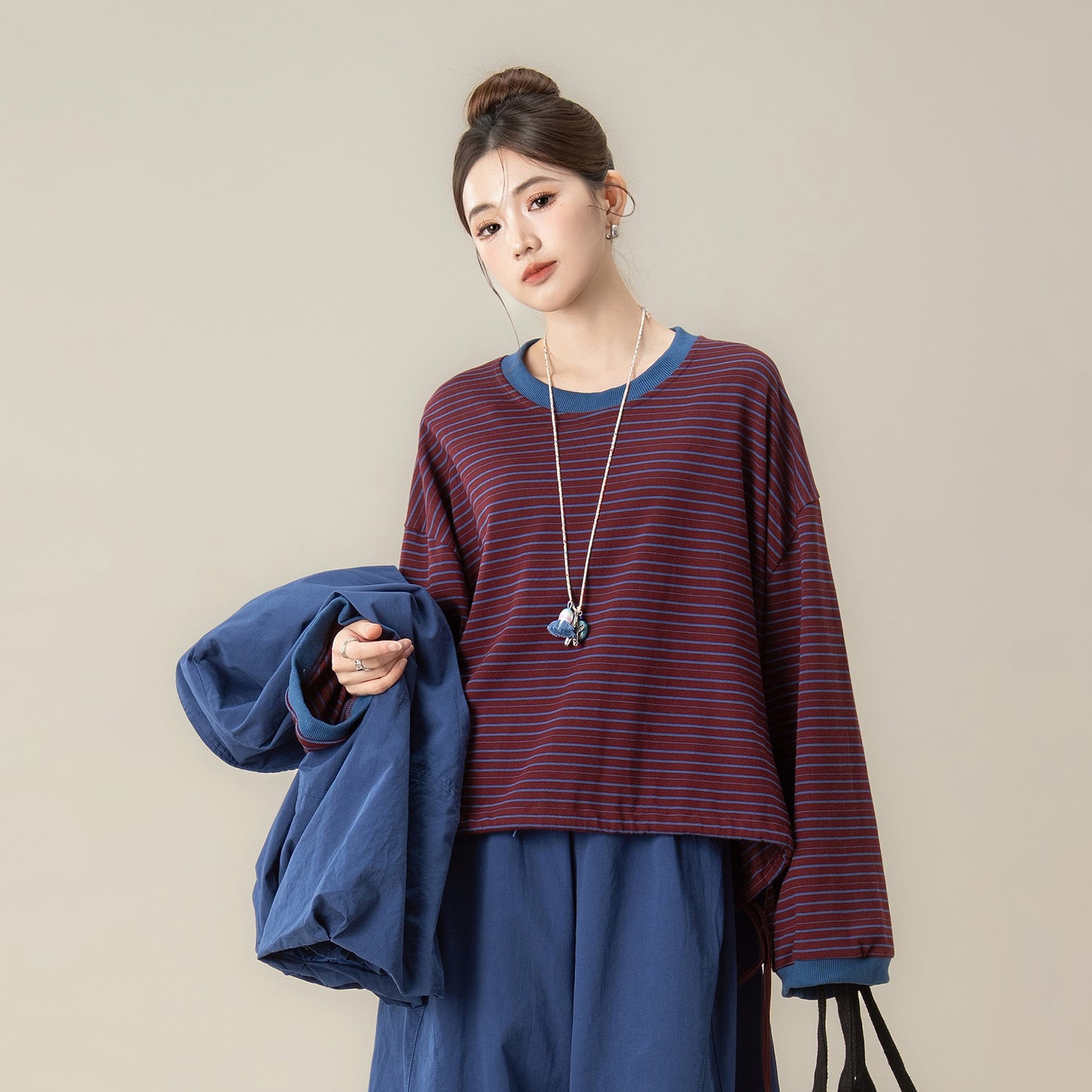 【単品注文】【セットアップ】秋新作 ゆったり ストライプTシャツ＋ベスト＋ワイドパンツ 上下セット 体型カバー お洒落【JZシリーズ】