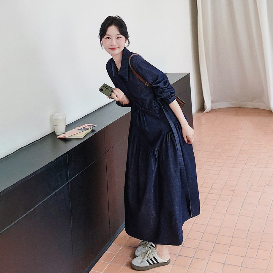 【ワンピース】レトロカジュアル ゆったりデニム 長袖ワンピース レディース フレンチエレガント 学院風 シャツワンピース【JZシリーズ】