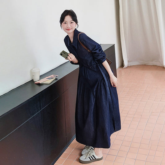 【ワンピース】レトロカジュアル ゆったりデニム 長袖ワンピース レディース フレンチエレガント 学院風 シャツワンピース【JZシリーズ】