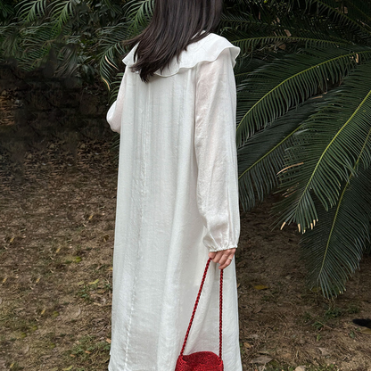 【ワンピース】フレンチシンプル 春新作 レーヨン フリルVネック バルーンスリーブ ラフ感 長袖 ロングワンピース【JZシリーズ】