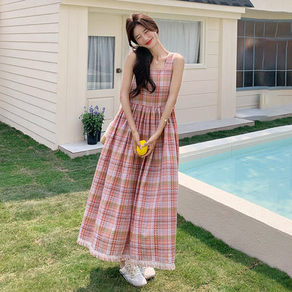 【ワンピース】チェック柄 キャミワンピース レディース 夏 ハイウエスト ノースリーブ ロングワンピース ゆったり 体型カバー 人気 フレンチ風【SHシリーズ】