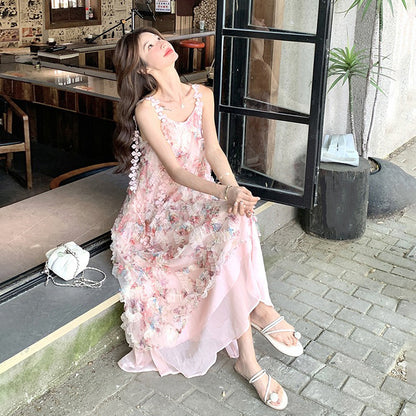 【ワンピース】ピンクロマンチック風 立体フラワー花柄 ノースリーブワンピース【SHシリーズ】