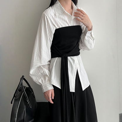 【トップス】春 秋 冬 ストライプ ブラウス+チューブトップ  2点セット 【JZシリーズ】