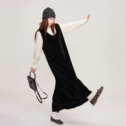 【ワンピース】上品＆高見え♡ブラックベルベット ノースリーブワンピース ロングベストワンピ  レディース 秋冬気品【JZシリーズ】