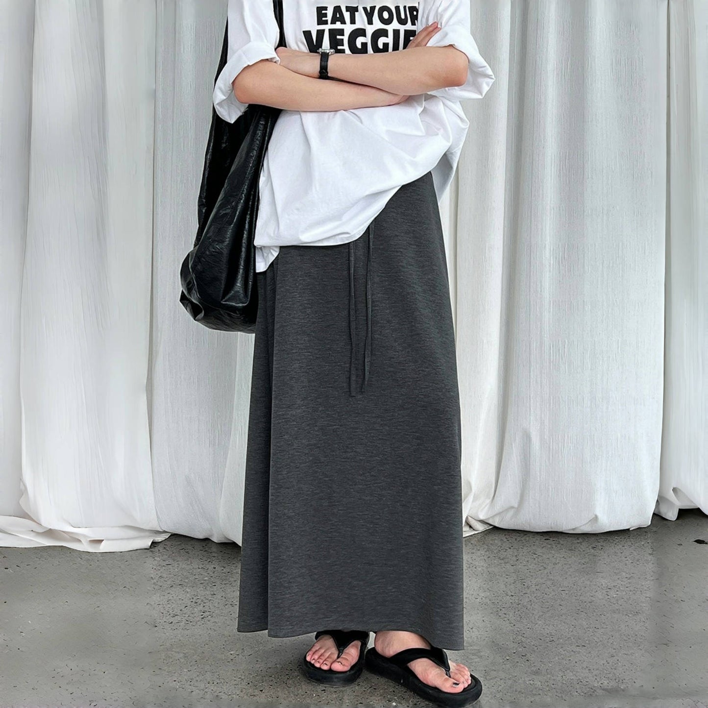 【ボトムス】夏  ハイウエスト Aライン ドローコード ロング スカート 【SNシリーズ】