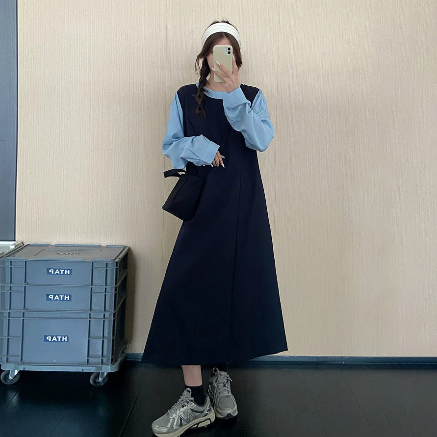 【ワンピース】大人上品フェイクレイヤードワンピース レディース 秋新作 ポロカラー ゆったり ロング丈【JZシリーズ】