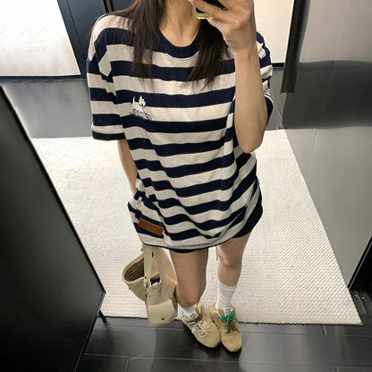 【トップス】ストライプ Tシャツ レディース 夏 半袖 カートゥーン ゆったり オーバーサイズ クルーネック 人気 リラックスコーデ【FCシリーズ】