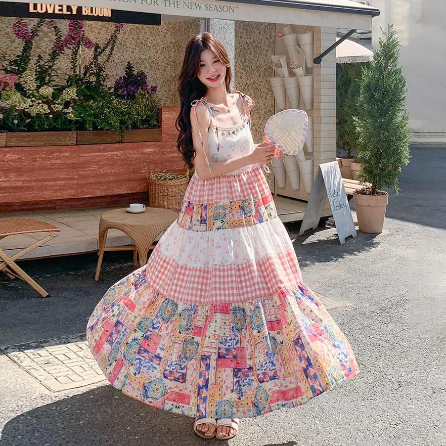 【ワンピース】夏 独特デザイン プリント チェック レースパッチワーク ノースリーブキャミソールワンピース【SHシリーズ】