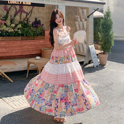 【ワンピース】夏 独特デザイン プリント チェック レースパッチワーク ノースリーブキャミソールワンピース【SHシリーズ】