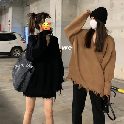 【トップス】ふんわり柔らか♪ 韓国風 ルーズ ニットセーター レディース 秋冬 ゆったりVネック プルオーバー【JZシリーズ】