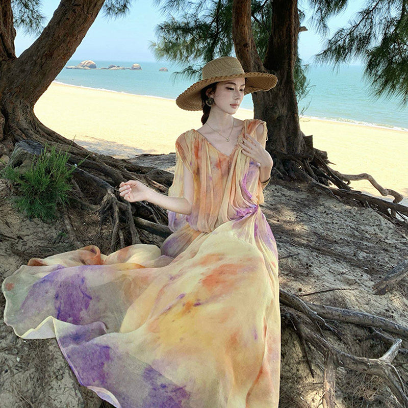 【ワンピース】リゾート風 グラデーションワンピース レディース 夏 ノースリーブ ロング丈 フレアシルエット 海辺コーデ バカンススタイル【SHシリーズ】