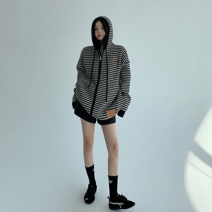 【トップス】ゆるレトロ感♡厚手ボーダーニットパーカー カーディガン レディース 冬の定番アイテム【FCシリーズ】