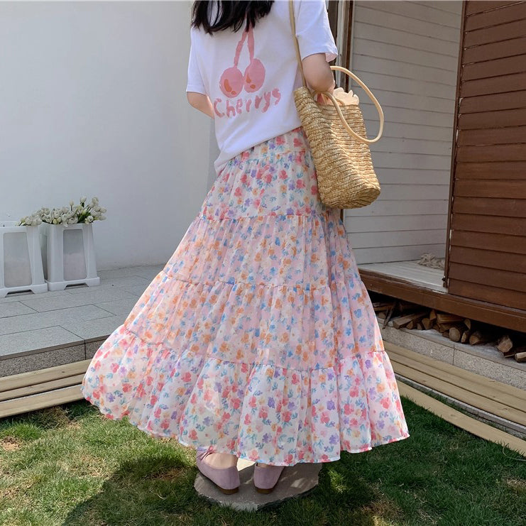 【ボトムス】花柄 スカート 新作 流行 レディース ハイウエスト Aライン フレア シフォンスカート【SHシリーズ】