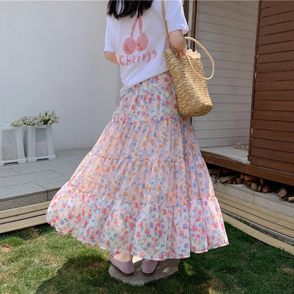 【ボトムス】花柄 スカート 新作 流行 レディース ハイウエスト Aライン フレア シフォンスカート【SHシリーズ】