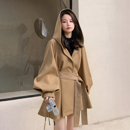 【アウター】独特なデザイン感 カーキ カジュアル フード付き トレンチコート レディース 超人気 おしゃれ ミドル丈 コート【JZシリーズ】