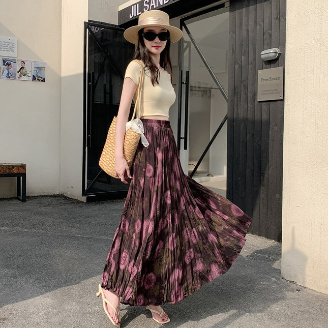 【ボトムス】ウエストゴム コーデしやすい ハイウエスト ロングスカート プリーツ 脚長効果Aラインスカート【SHシリーズ】