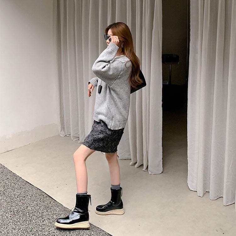 【シューズ】ウェッジヒール スクエアトゥ バックジップ エスパドリーユ 厚底ブーツ