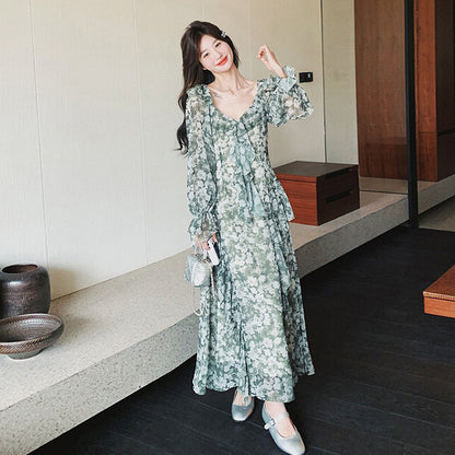 【ワンピース】森系花柄シフォン長袖ワンピース レディース 春夏秋 薄手 ウエストマーク Aライン ロング丈【SHシリーズ】