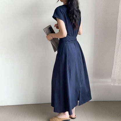 【ワンピース】リネンワンピース レディース フレンチ風 Vネック ウエストリボン Aライン ロング丈 通勤 体型カバー 夏新作【JZシリーズ】