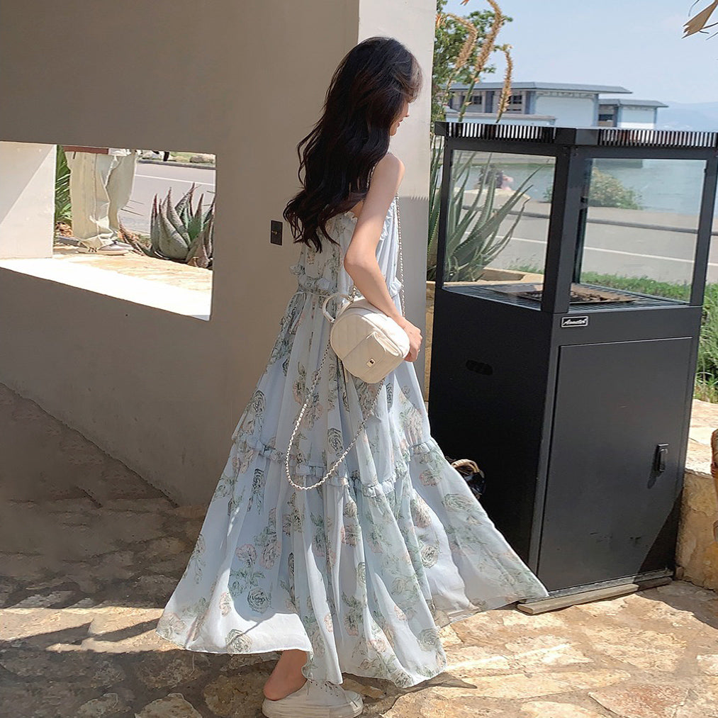 【ワンピース】ブルー ノースリーブ キャミソール 花柄ワンピース リゾート風 ゆったり スリム見え 夏【SHシリーズ】