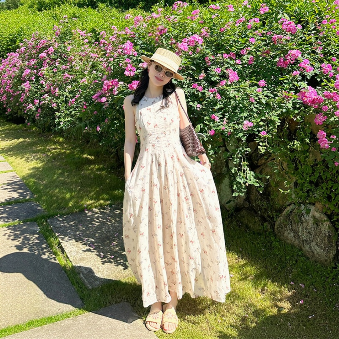 【ワンピース】小花柄  ウエストマーク ノースリーブ ロングワンピース 【SHシリーズ】