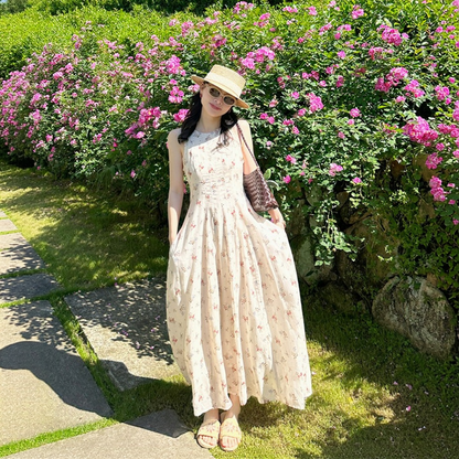 【ワンピース】小花柄  ウエストマーク ノースリーブ ロングワンピース 【SHシリーズ】