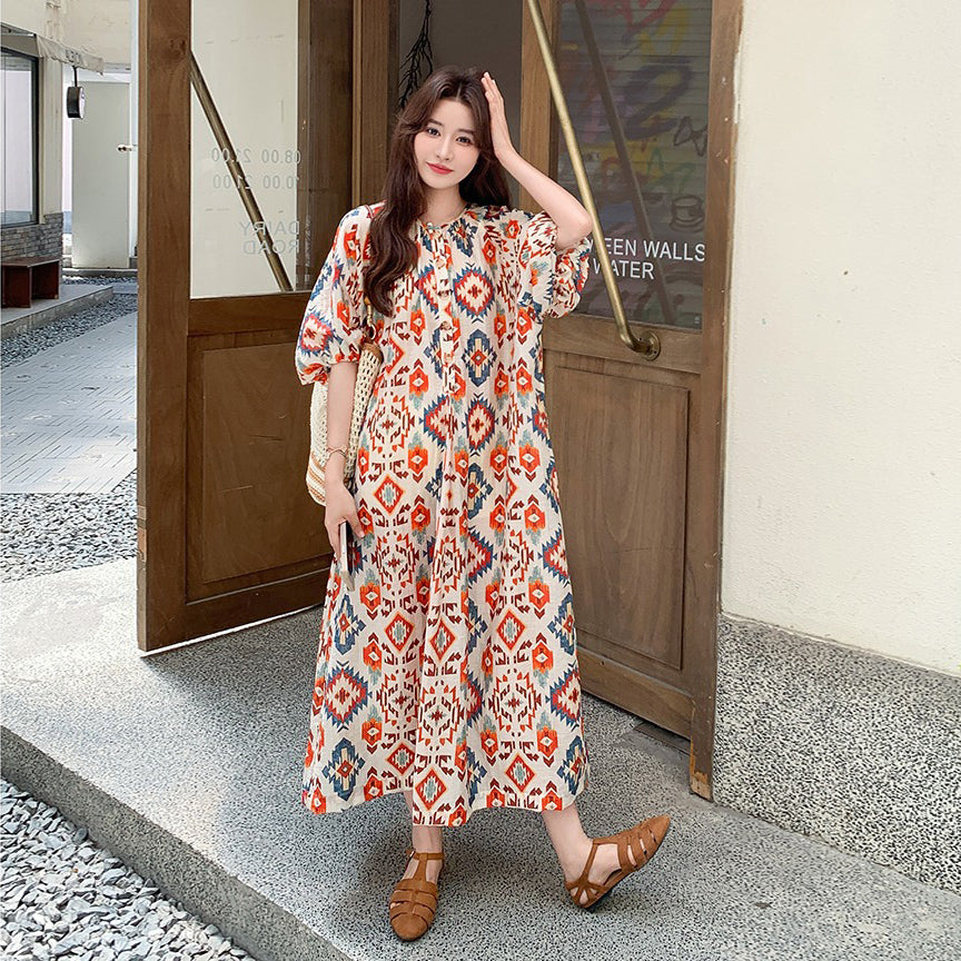 【ワンピース】夏 フレンチ風 旅行リゾート風 プリント パフスリーブ 半袖ワンピース【SHシリーズ】