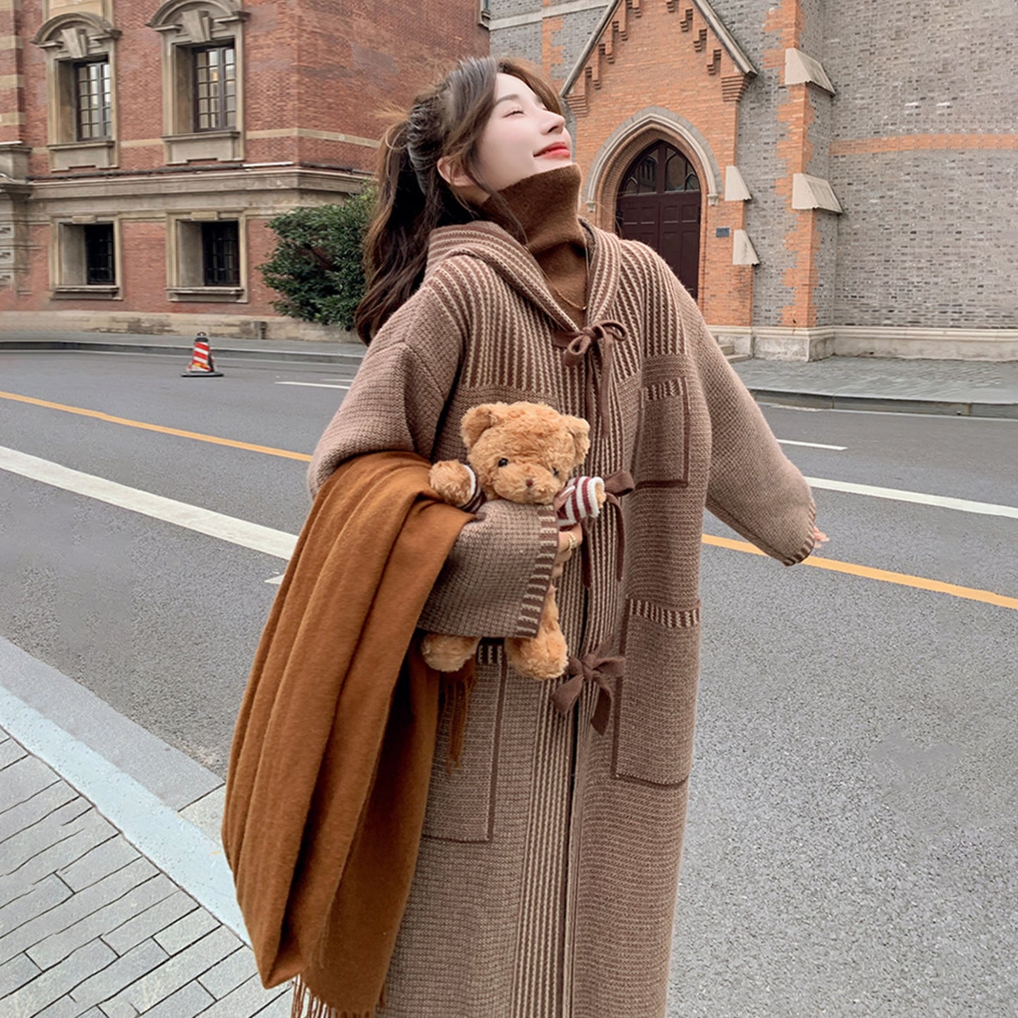 【アウター】🎀リボン結びで可愛く決まる！ロングニットコート レディース 冬新作 ゆったり 暖か デザイン感◎【JZシリーズ】