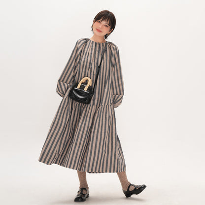 【ワンピース】ストライプ ワンピース 秋 オリジナル 日本風 ゆったり ミディアム丈 長袖 ロングワンピース【SHシリーズ】【JZシリーズ】【15-25日発送】