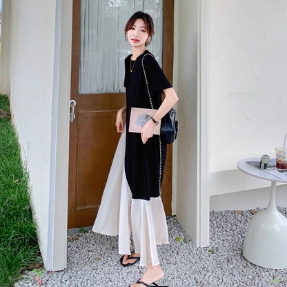 【ワンピース】個性配色切り替えアシンメトリー半袖 Tシャツワンピース 夏 ゆったりロング丈【JZシリーズ】