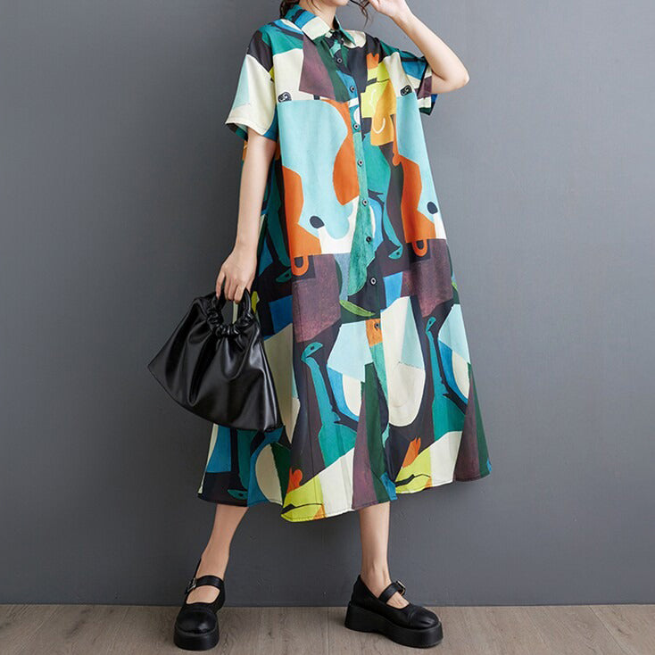 【ワンピース】🌸夏新作 大きいサイズゆったりプリント切替ワンピース 半袖 カジュアル シンプル かわいい フラワーカラー ロング丈 レディース【SHシリーズ】