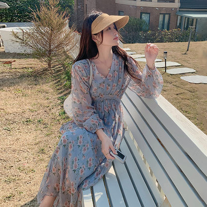 【ワンピース】フレンチ 花柄 長袖ワンピース｜韓国風マキシ丈ワンピース・足首まで届く絶美シルエット【SHシリーズ】