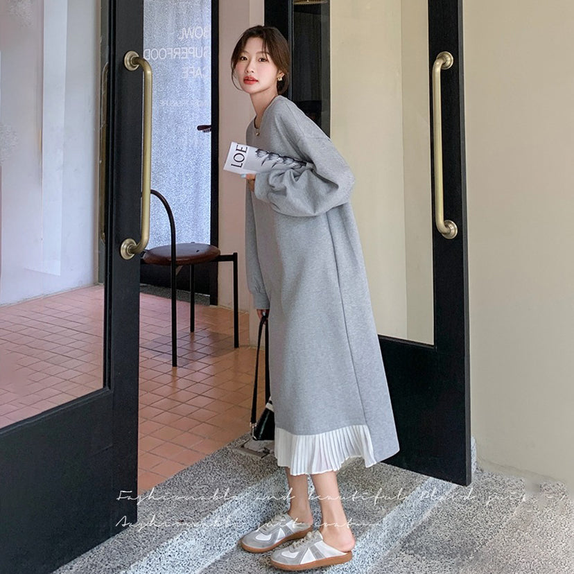 【ワンピース】ゆったり感 リラックス風 バイカラー プリーツ切り替え 長袖ワンピース レディース おしゃれ スウェットワンピース【JZシリーズ】