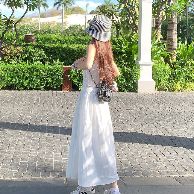 【ワンピース】シンプル ホワイト ノースリーブワンピース 夏 レディース ウエストマーク キャミソールワンピース【JZシリーズ】