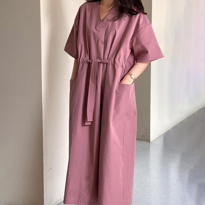 【ワンピース】🌼韓国風 春夏 大きいサイズ ワンピース 半袖 カジュアル ゆったり ポケット付き ウエストシェイプ レディース【JZシリーズ】